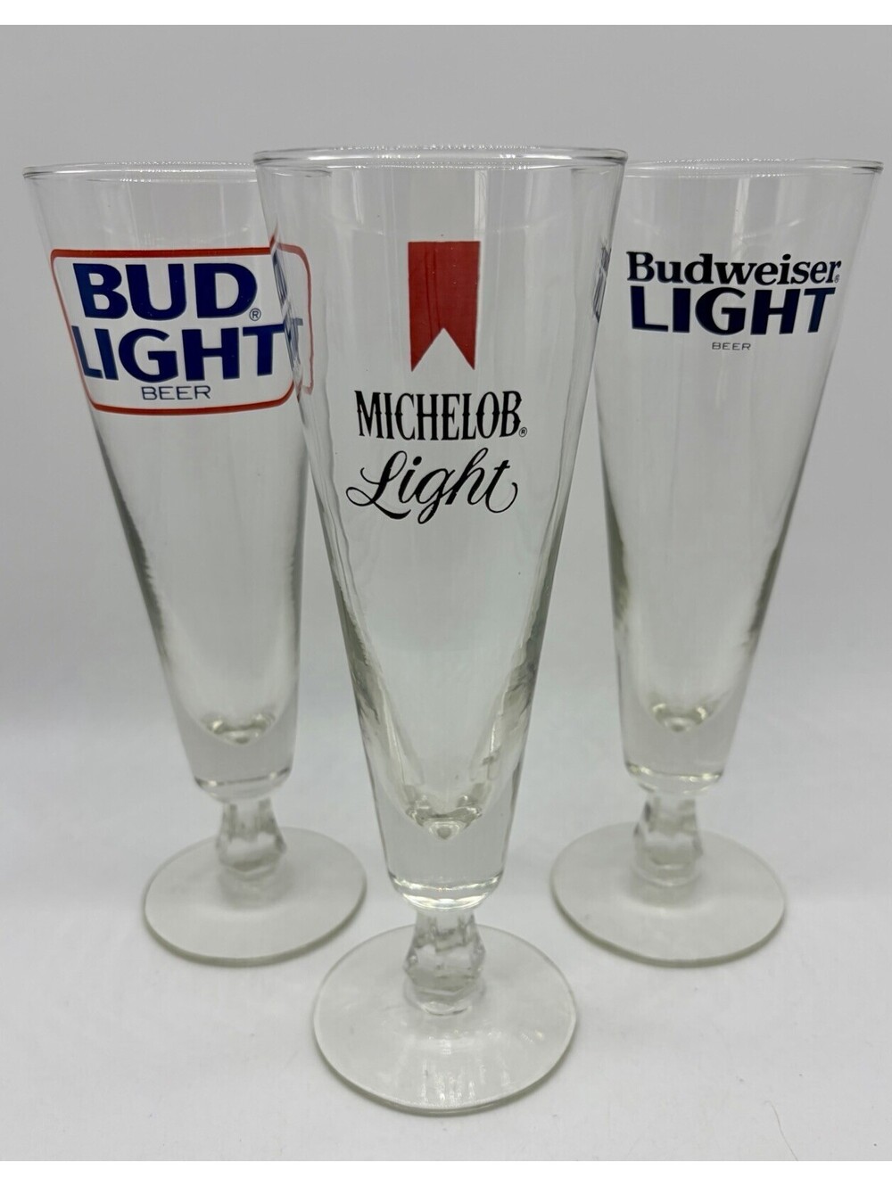 Vintage Set of 3 Budweiser Michelob Beer 8.5" Footed 8 Ounce Pilsner Glasses EX